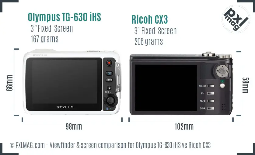 Olympus TG-630 iHS vs Ricoh CX3 Screen and Viewfinder comparison