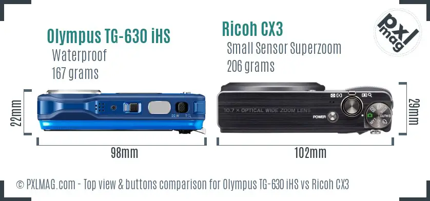 Olympus TG-630 iHS vs Ricoh CX3 top view buttons comparison