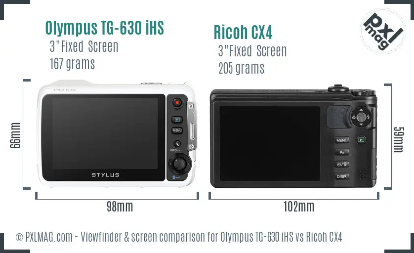 Olympus TG-630 iHS vs Ricoh CX4 Screen and Viewfinder comparison