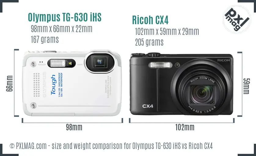 Olympus TG-630 iHS vs Ricoh CX4 size comparison