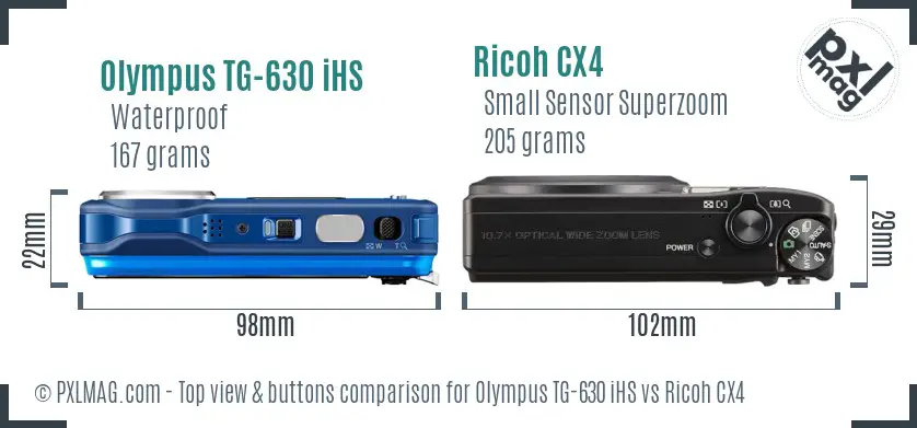 Olympus TG-630 iHS vs Ricoh CX4 top view buttons comparison