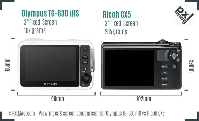 Olympus TG-630 iHS vs Ricoh CX5 Screen and Viewfinder comparison