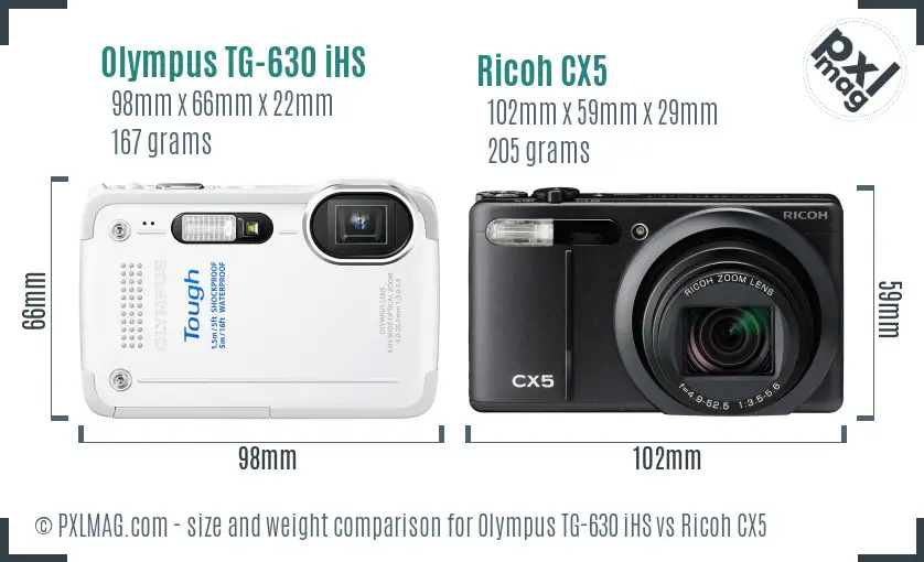 Olympus TG-630 iHS vs Ricoh CX5 size comparison