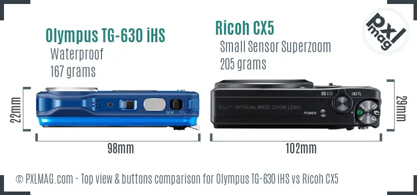 Olympus TG-630 iHS vs Ricoh CX5 top view buttons comparison