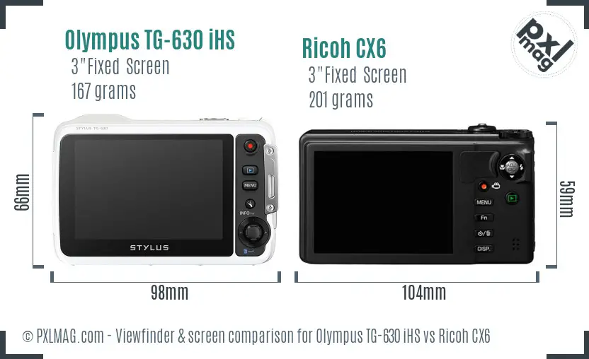 Olympus TG-630 iHS vs Ricoh CX6 Screen and Viewfinder comparison