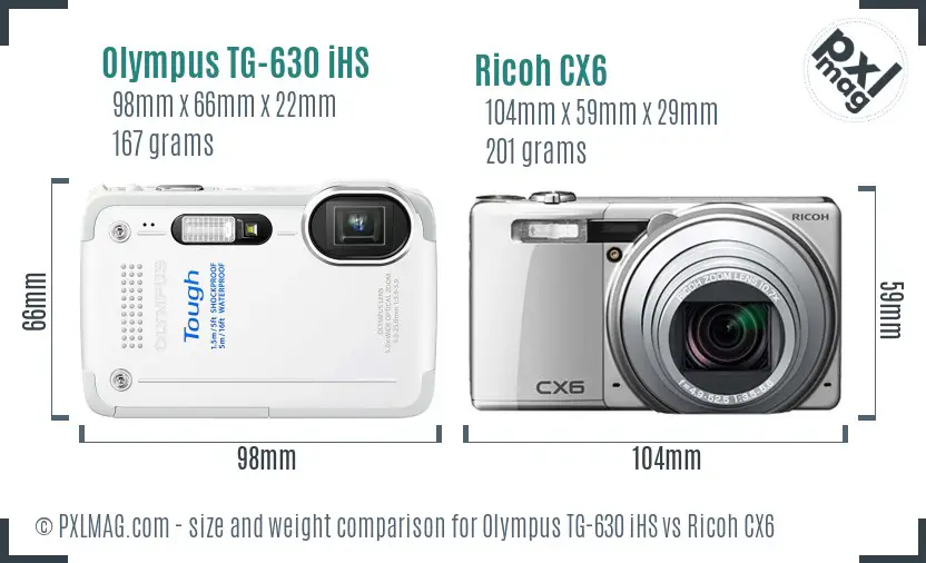 Olympus TG-630 iHS vs Ricoh CX6 size comparison