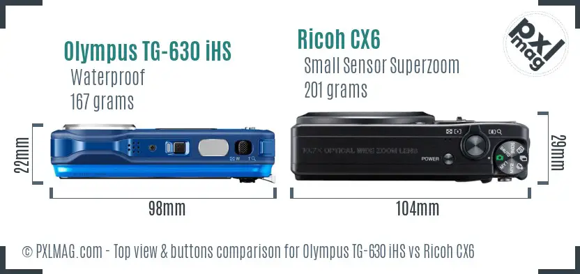 Olympus TG-630 iHS vs Ricoh CX6 top view buttons comparison