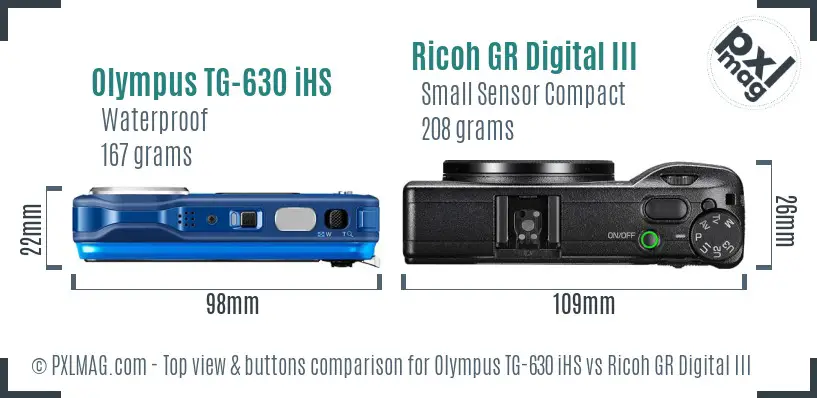 Olympus TG-630 iHS vs Ricoh GR Digital III top view buttons comparison