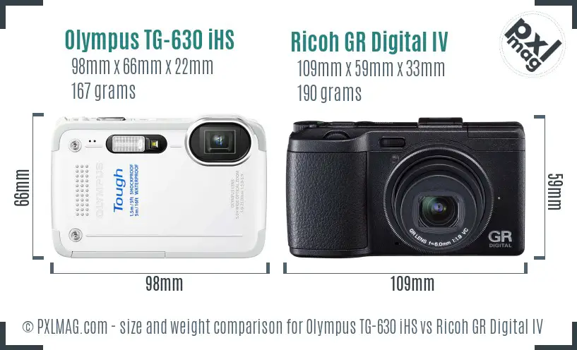 Olympus TG-630 iHS vs Ricoh GR Digital IV size comparison