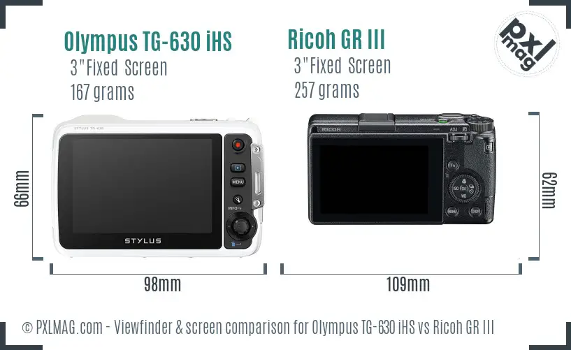 Olympus TG-630 iHS vs Ricoh GR III Screen and Viewfinder comparison