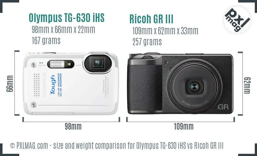 Olympus TG-630 iHS vs Ricoh GR III size comparison