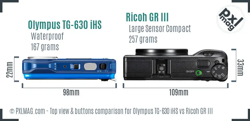 Olympus TG-630 iHS vs Ricoh GR III top view buttons comparison