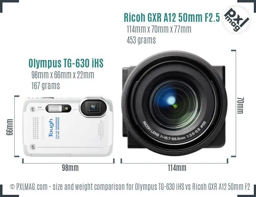 Olympus TG-630 iHS vs Ricoh GXR A12 50mm F2.5 Macro size comparison
