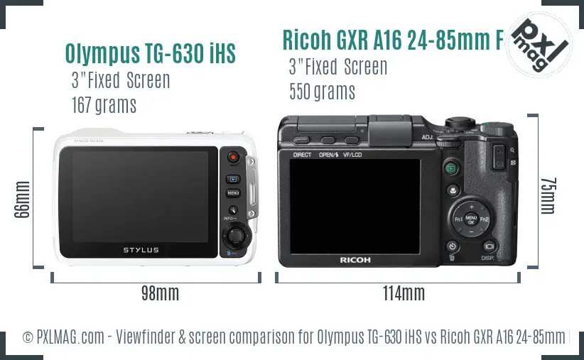 Olympus TG-630 iHS vs Ricoh GXR A16 24-85mm F3.5-5.5 Screen and Viewfinder comparison