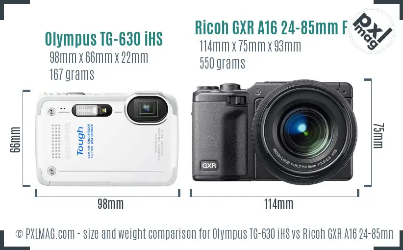 Olympus TG-630 iHS vs Ricoh GXR A16 24-85mm F3.5-5.5 size comparison