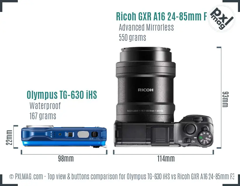 Olympus TG-630 iHS vs Ricoh GXR A16 24-85mm F3.5-5.5 top view buttons comparison