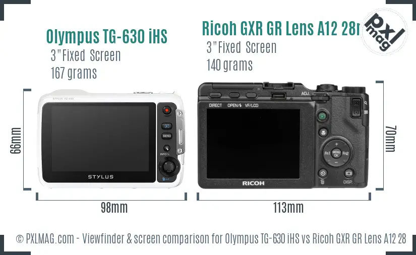Olympus TG-630 iHS vs Ricoh GXR GR Lens A12 28mm F2.5 Screen and Viewfinder comparison
