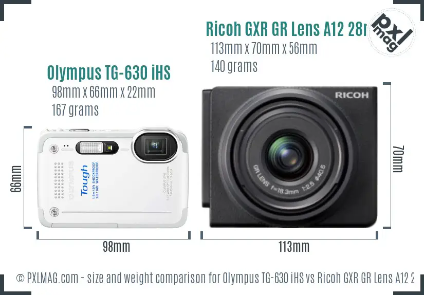 Olympus TG-630 iHS vs Ricoh GXR GR Lens A12 28mm F2.5 size comparison