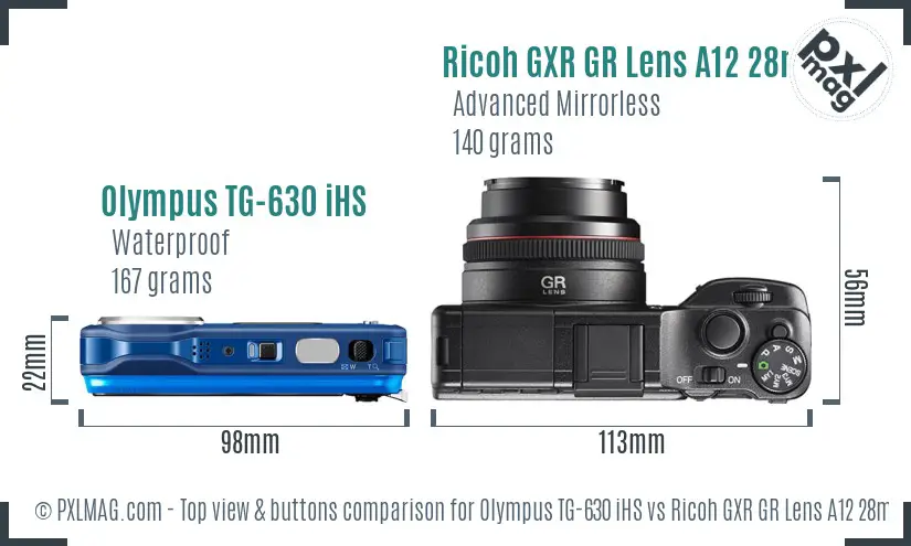 Olympus TG-630 iHS vs Ricoh GXR GR Lens A12 28mm F2.5 top view buttons comparison
