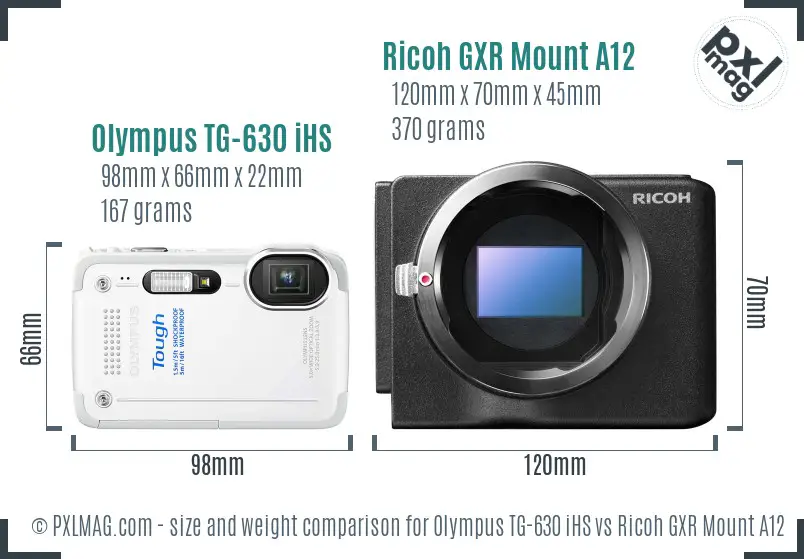 Olympus TG-630 iHS vs Ricoh GXR Mount A12 size comparison
