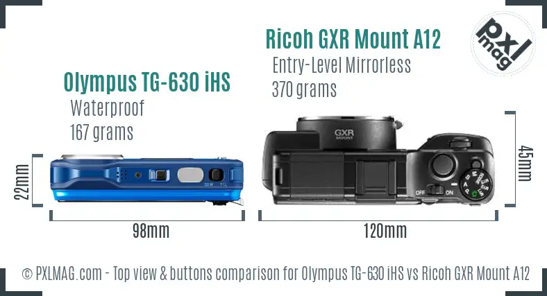 Olympus TG-630 iHS vs Ricoh GXR Mount A12 top view buttons comparison