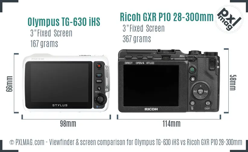 Olympus TG-630 iHS vs Ricoh GXR P10 28-300mm F3.5-5.6 VC Screen and Viewfinder comparison