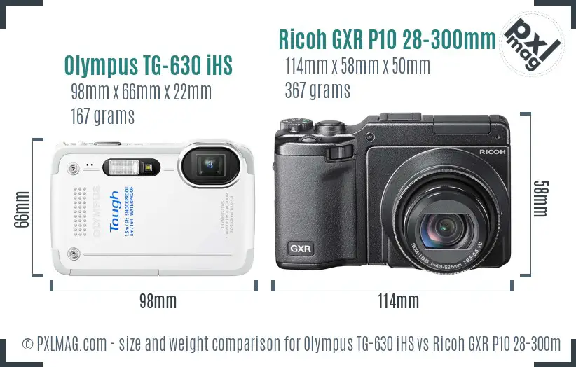 Olympus TG-630 iHS vs Ricoh GXR P10 28-300mm F3.5-5.6 VC size comparison