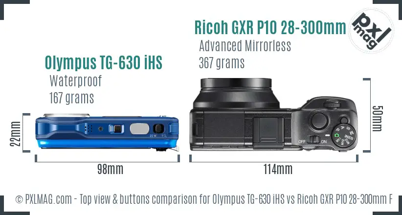Olympus TG-630 iHS vs Ricoh GXR P10 28-300mm F3.5-5.6 VC top view buttons comparison