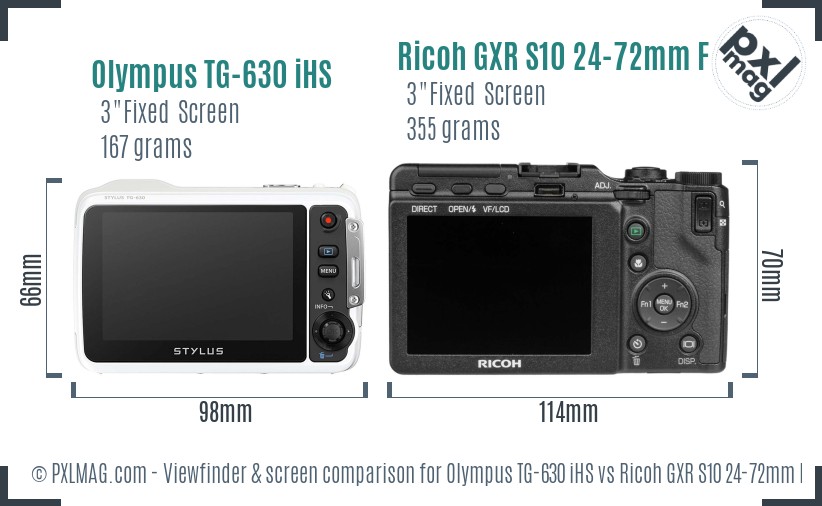 Olympus TG-630 iHS vs Ricoh GXR S10 24-72mm F2.5-4.4 VC Screen and Viewfinder comparison