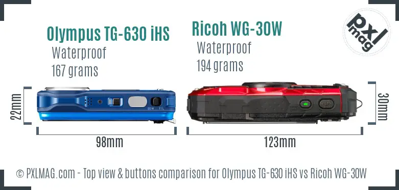 Olympus TG-630 iHS vs Ricoh WG-30W top view buttons comparison