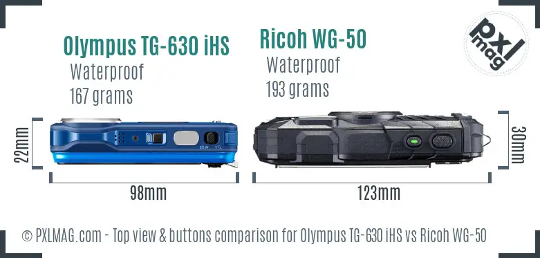Olympus TG-630 iHS vs Ricoh WG-50 top view buttons comparison
