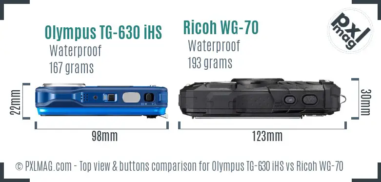 Olympus TG-630 iHS vs Ricoh WG-70 top view buttons comparison