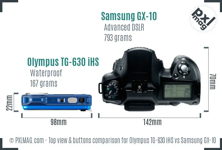 Olympus TG-630 iHS vs Samsung GX-10 top view buttons comparison