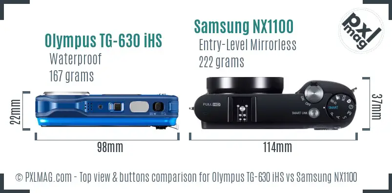Olympus TG-630 iHS vs Samsung NX1100 top view buttons comparison Olympus TG-630 iHS vs Samsung NX1100 top view buttons comparison
