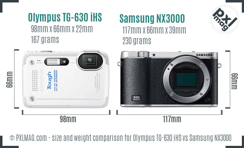 Olympus TG-630 iHS vs Samsung NX3000 size comparison