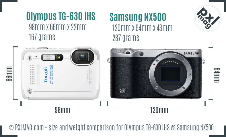 Olympus TG-630 iHS vs Samsung NX500 size comparison Olympus TG-630 iHS vs Samsung NX500 size comparison