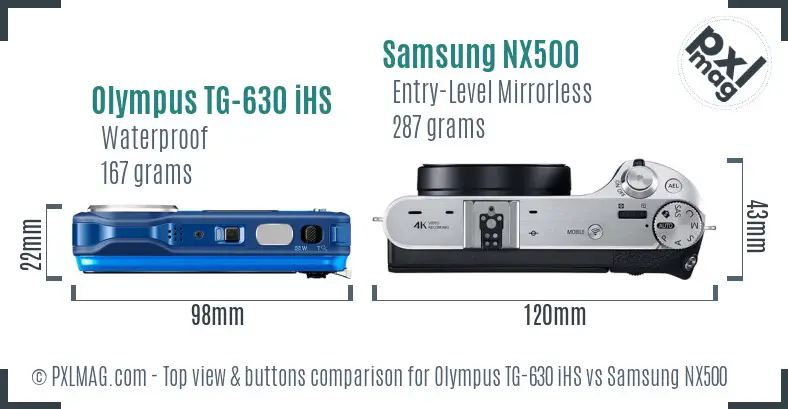 Olympus TG-630 iHS vs Samsung NX500 top view buttons comparison Olympus TG-630 iHS vs Samsung NX500 top view buttons comparison