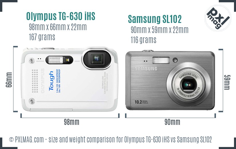 Olympus TG-630 iHS vs Samsung SL102 size comparison Olympus TG-630 iHS vs Samsung SL102 size comparison