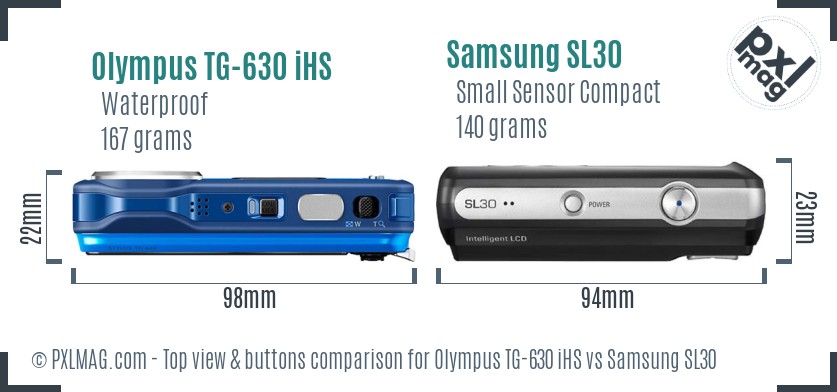 Olympus TG-630 iHS vs Samsung SL30 top view buttons comparison