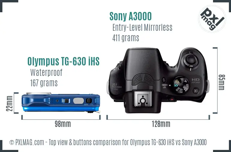 Olympus TG-630 iHS vs Sony A3000 top view buttons comparison