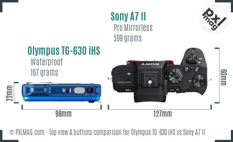 Olympus TG-630 iHS vs Sony A7 II top view buttons comparison Olympus TG-630 iHS vs Sony A7 II top view buttons comparison