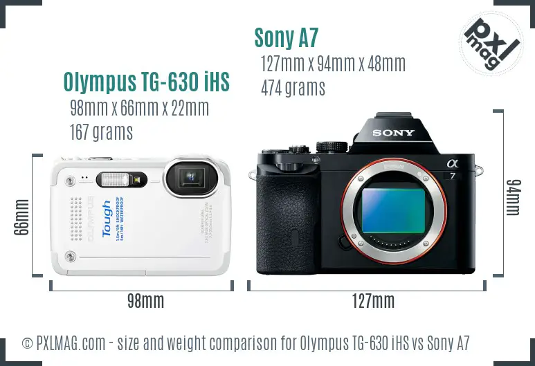 Olympus TG-630 iHS vs Sony A7 size comparison