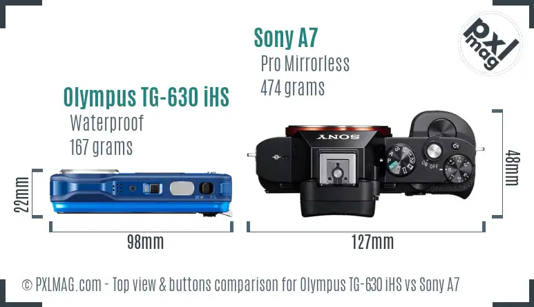 Olympus TG-630 iHS vs Sony A7 top view buttons comparison