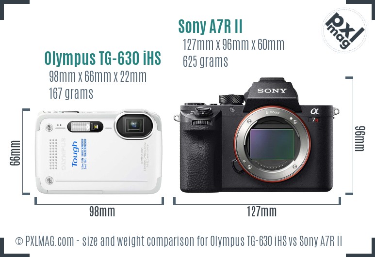 Olympus TG-630 iHS vs Sony A7R II size comparison
