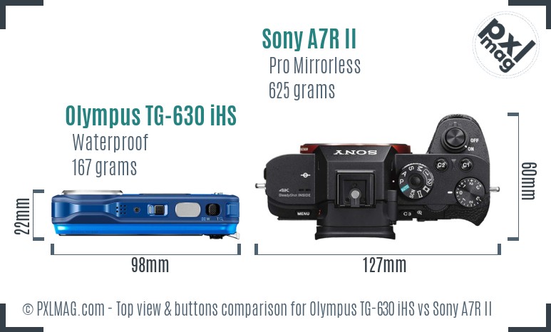 Olympus TG-630 iHS vs Sony A7R II top view buttons comparison