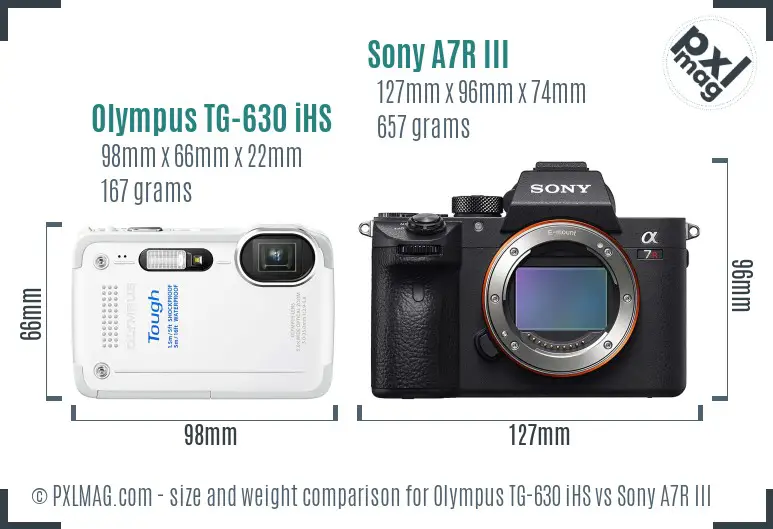 Olympus TG-630 iHS vs Sony A7R III size comparison
