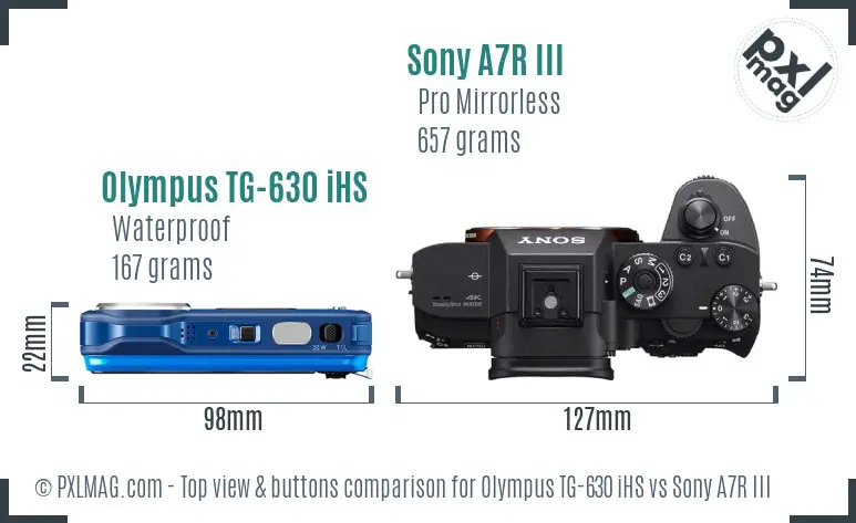 Olympus TG-630 iHS vs Sony A7R III top view buttons comparison
