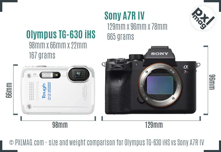 Olympus TG-630 iHS vs Sony A7R IV size comparison