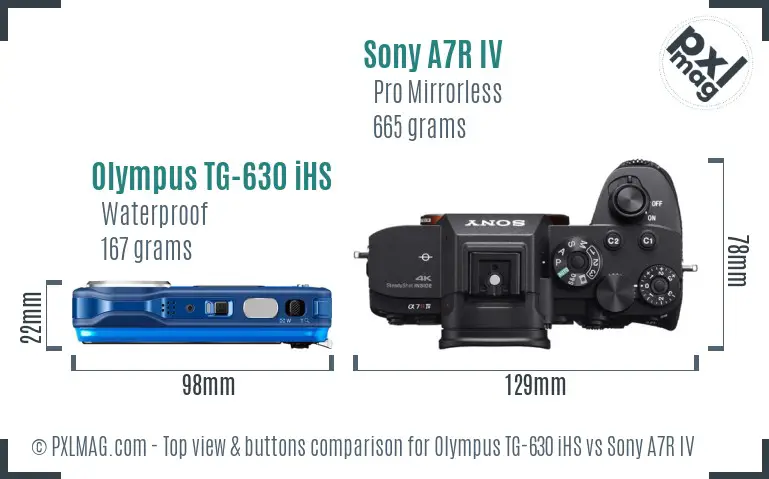 Olympus TG-630 iHS vs Sony A7R IV top view buttons comparison