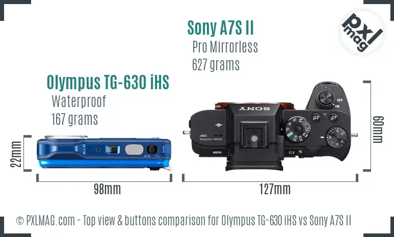 Olympus TG-630 iHS vs Sony A7S II top view buttons comparison